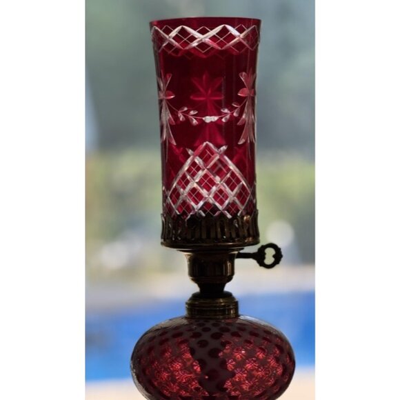 Vintage Cranberry Hobnail Glass Lamp Fenton Style Cut to Clear Shade Milk Glass - Picture 5 of 16